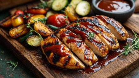 Juicy grilled chicken served with vibrant vegetables and barbecue sauce on a rustic wooden board, showcasing a delicious and healthy meal option.の素材