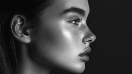 Captivating black and white profile portrait showcasing delicate features, freckles, and soft light. A blend of elegance and minimalism in visual art.の素材