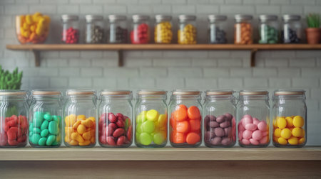 A visually appealing arrangement of colorful candy jars filled with vibrant sweets on a wooden shelf, perfect for home decoration or retail display.の素材