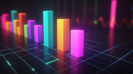 Colorful 3D bar graphs illuminated against a dark background, representing data analysis and performance metrics in a modern and dynamic design.の素材