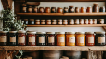 A collection of colorful jars filled with preserves arranged neatly on a rustic wooden shelf. Perfect for showcasing homemade delights in a cozy kitchen setting.の素材