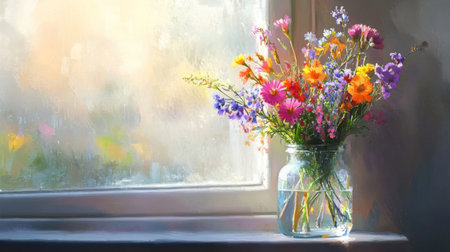 A vibrant bouquet of colorful flowers in a glass vase sits on a windowsill, capturing the essence of spring with soft light and a serene atmosphere.の素材