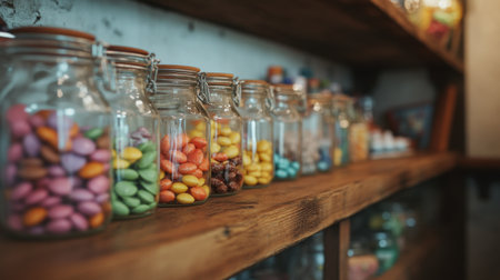 A stunning array of colorful jars filled with sweets, displayed on a rustic wooden shelf. Perfect for illustrating concepts of indulgence and vibrant shopping atmospheres.の素材