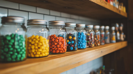 A vibrant display of colorful candy jars neatly arranged on a wooden shelf, showcasing a variety of sweet treats in a charming shop setting. Perfect for food-themed projects.の素材
