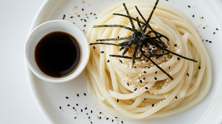 A plate of plain noodles topped with seaweed and sesame seeds, served with a small bowl of sauce. Ideal for culinary and dining visuals.の素材