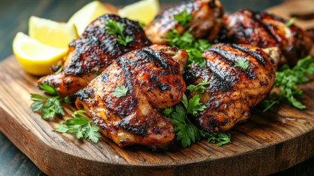 Savor the deliciousness of grilled chicken thighs garnished with fresh herbs and lemon wedges, perfect for a summer barbecue or dinner gathering.の素材
