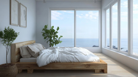 This image showcases a modern bedroom featuring a wooden bed and large windows overlooking a stunning ocean view, creating a serene and inviting atmosphere.の素材