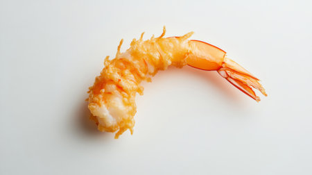 Enjoy a delicious crispy fried shrimp resting on a clean white background. Perfect for food photography, menus, or culinary inspiration for seafood lovers.の素材
