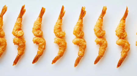 A vibrant display of crispy shrimp arranged in a line against a white background, perfect for showcasing delicious seafood offerings in culinary presentations.の素材