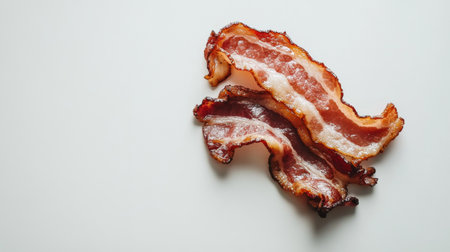 Mouth-watering crispy bacon strips laid on a clean white background, perfect for showcasing breakfast concepts or indulgent snack ideas.の素材