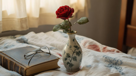 A serene scene featuring a single red rose in a decorative vase, alongside a book and glasses on a softly patterned bedspread. Perfect for themes of tranquility and elegance.の素材