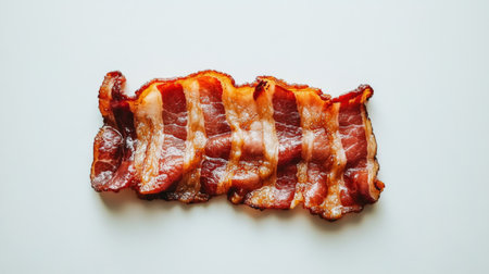 A crispy bacon strip displayed on a white background, showcasing its enticing color and texture. Perfect for food-related themes and breakfast concepts.の素材