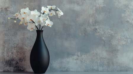 A serene composition featuring a white orchid in a sleek black vase against a textured gray background, ideal for home decor and interior design projects.の素材