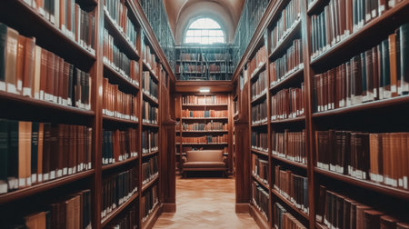 A tranquil library interior showcasing tall wooden bookshelves filled with books. A cozy seating area invites readers to explore the wealth of knowledge.の素材