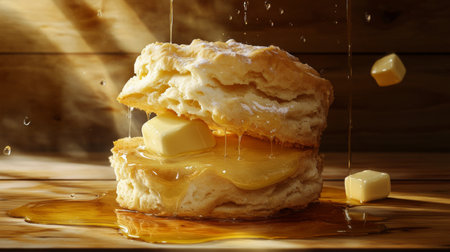 A close-up of a golden biscuit split open with butter melting and honey drizzling. The rustic wooden background enhances the appetizing, warm feel. Perfect for food photography.の素材