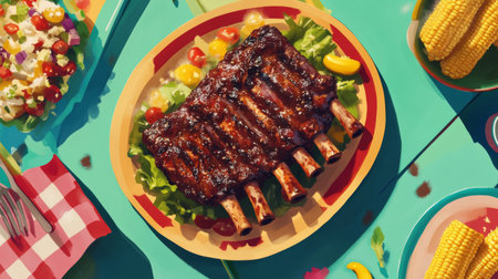 A vibrant picnic scene featuring succulent barbecue ribs garnished with fresh vegetables and served on a colorful table. Perfect for summer gatherings.の素材