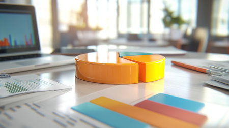 A vibrant pie chart in orange color on a modern office desk, surrounded by documents and a laptop, illustrating business analytics and insights.の素材