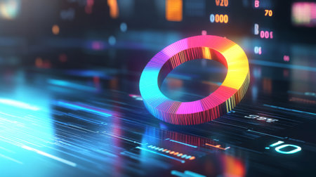 A vibrant and colorful ring floating in a dynamic digital environment, symbolizing innovation and technology. Perfect for modern design projects.の素材