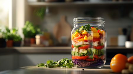 A vibrant display of fresh vegetables layered in a glass jar, showcasing healthy eating and meal prep in a modern kitchen setting, illuminated by natural light.の素材