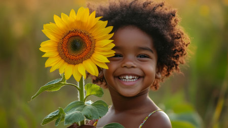 A joyful young girl smiles while holding a vibrant sunflower in a sunny outdoor setting. This portrait captures the essence of childhood innocence and happiness in nature.の素材