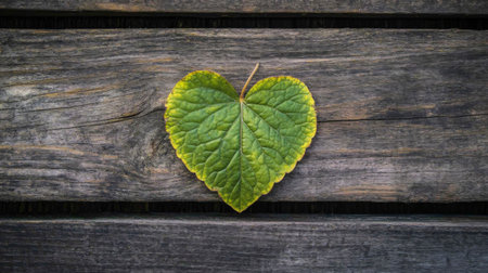 A vibrant heart-shaped leaf rests on a rustic wooden surface, symbolizing love and nature's beauty. Ideal for eco-friendly themes and design.の素材