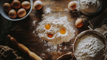 A charming scene featuring fresh eggs and flour arranged playfully. This image captures the essence of homemade baking with a touch of joy and creativity.の素材