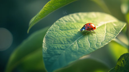 A detailed close-up of a ladybug resting on a green leaf, captured in soft natural light. The vibrant colors and textures showcase the beauty of nature.の素材