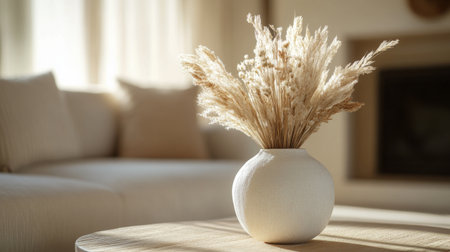 Aesthetic dried flower arrangement in a modern living room setting, showcasing the beauty of nature with soft textures and neutral colors for a serene atmosphere.の素材