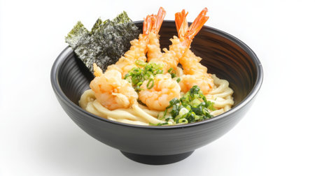 A vibrant shrimp udon noodle bowl featuring succulent shrimp, fresh green onions, and a touch of seaweed. Perfect for a comforting meal.の素材