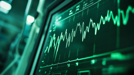 High-resolution image of a heart rate monitor display showing vital sign waveforms in a medical environment, emphasizing healthcare technology and monitoring.の素材
