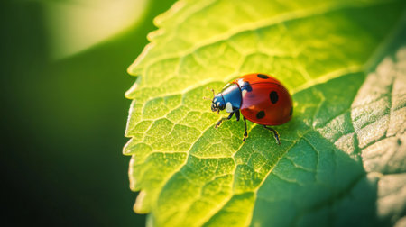 A vibrant ladybug rests on a green leaf, showcasing its bright red and black pattern. This close-up captures the beauty of nature in an outdoor setting.の素材