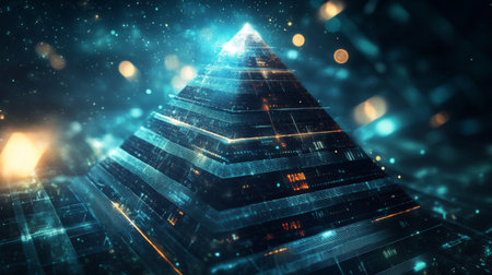 A stunning digital representation of a futuristic pyramid with glowing elements surrounded by a surreal bokeh effect, perfect for technology and abstract themes.の素材