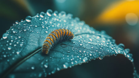 A captivating close-up of a caterpillar resting on a leaf adorned with raindrops, showcasing the beauty of nature and the intricate details of life.の素材