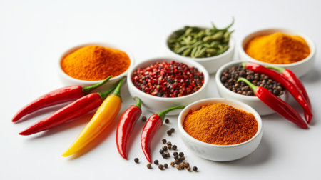 A colorful arrangement of vibrant spices and fresh peppers, showcasing the diverse ingredients used in cooking for adding flavor and aroma.の素材
