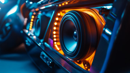 This dynamic close-up image showcases a vibrant car audio system featuring detailed speakers and colorful LED lights, capturing the essence of automotive music technology.の素材