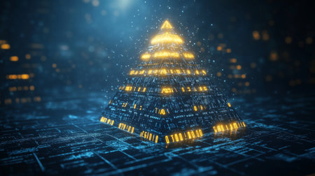 A stunning futuristic pyramid illuminated by glowing lights, surrounded by a digital landscape. This mesmerizing 3D design captures the essence of technology and innovation.の素材