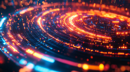 Vibrant abstract background featuring dynamic light trails in circular patterns. Ideal for technology themes, this design radiates energy and creativity.の素材