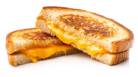 A delicious grilled cheese sandwich made with toasted bread and melted cheddar cheese, perfect for a snack or a comforting meal. Ideal for food lovers!の素材