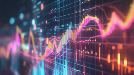 Vibrant financial chart showcasing colorful data visualization trends, perfect for illustrating investment growth, analytics, and market dynamics in modern business contexts.の素材