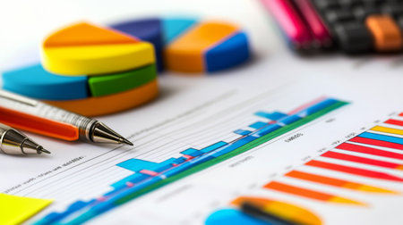 Colorful charts and graphs highlight data analysis, complemented by office supplies. This image symbolizes productivity and effective planning in business.の素材