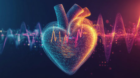 This vibrant illustration features an abstract heart, pulsating with dynamic waveforms, symbolizing health, vitality, and technology in a modern design.の素材