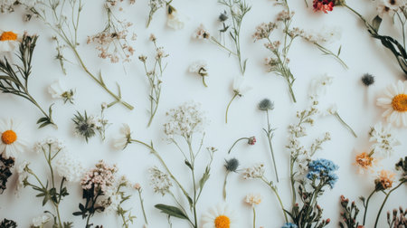 A beautiful arrangement of assorted wildflowers scattered on a white background, showcasing delicate petals and vibrant colors for a fresh and serene feel.の素材