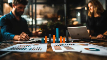 Team members analyze data during a business meeting. Charts and graphs on the table highlight key insights and strategies for planning and performance improvement.の素材