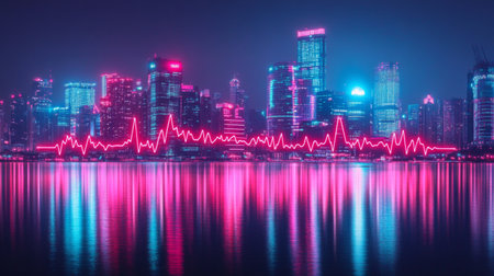 A stunning urban skyline at night, featuring vibrant neon lights and a pulsating effect across the water. Perfect for themes of energy and modernity.の素材