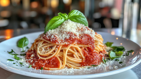 A vibrant plate of spaghetti topped with rich tomato sauce, fresh basil, and grated cheese, perfect for showcasing Italian culinary delights.の素材