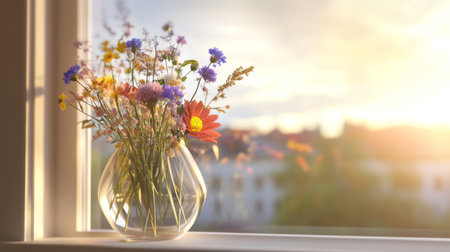 A beautiful arrangement of colorful flowers in a vase sits gracefully by a window, illuminated by the warm glow of sunset, creating a serene atmosphere.の素材