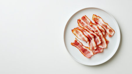 A close-up view of crispy bacon strips arranged on a white plate, perfect for illustrating breakfast dishes, culinary adventures, or delicious snacks.の素材