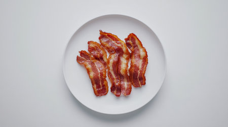 A plate of crispy bacon strips showcases a mouthwatering breakfast option. Perfect for culinary enthusiasts and food lovers alike.の素材
