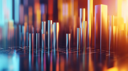 This abstract image features colorful bars representing data visualization, surrounded by vibrant lights. Perfect for technology and finance themes.の素材