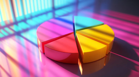 A vibrant pie chart with colorful segments casting shadows, perfect for business and financial presentations. Ideal for showcasing data analysis creatively.の素材